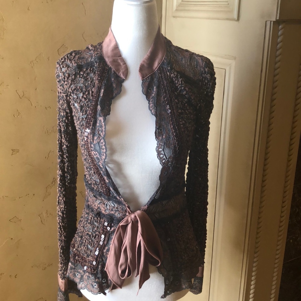 Green and brown stretchy lace blouse top. one size